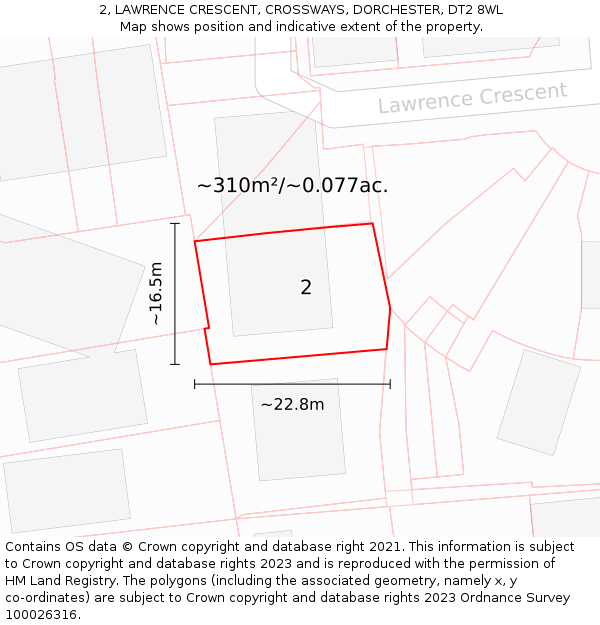 2, LAWRENCE CRESCENT, CROSSWAYS, DORCHESTER, DT2 8WL: Plot and title map