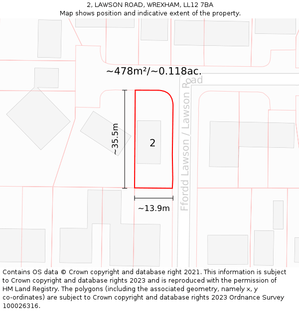 2, LAWSON ROAD, WREXHAM, LL12 7BA: Plot and title map