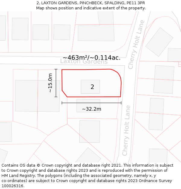 2, LAXTON GARDENS, PINCHBECK, SPALDING, PE11 3PR: Plot and title map