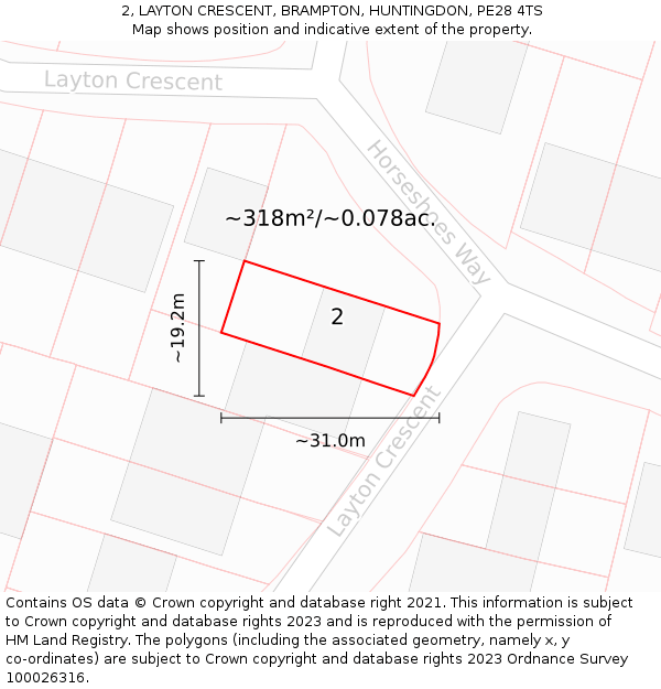 2, LAYTON CRESCENT, BRAMPTON, HUNTINGDON, PE28 4TS: Plot and title map