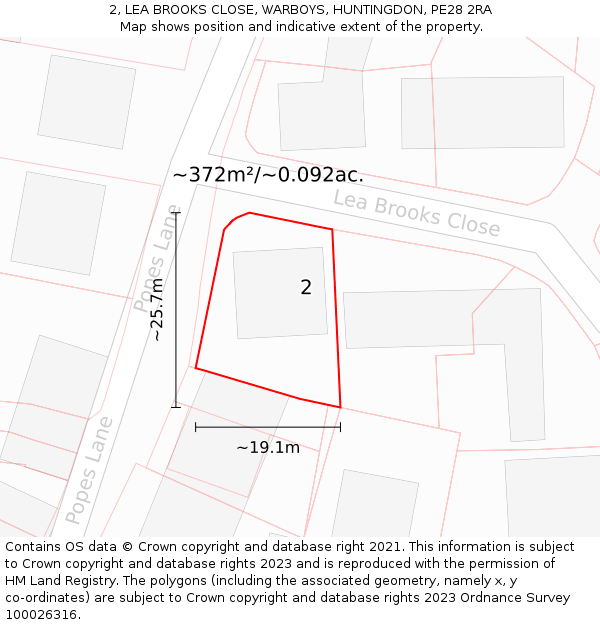 2, LEA BROOKS CLOSE, WARBOYS, HUNTINGDON, PE28 2RA: Plot and title map
