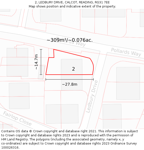 2, LEDBURY DRIVE, CALCOT, READING, RG31 7EE: Plot and title map