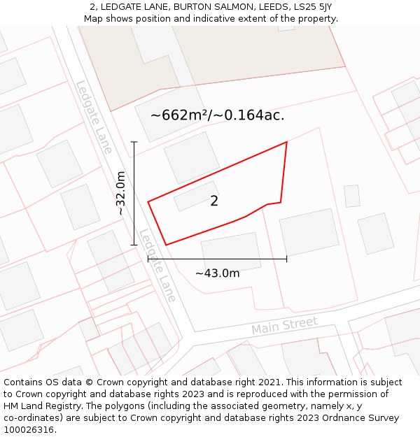 2, LEDGATE LANE, BURTON SALMON, LEEDS, LS25 5JY: Plot and title map
