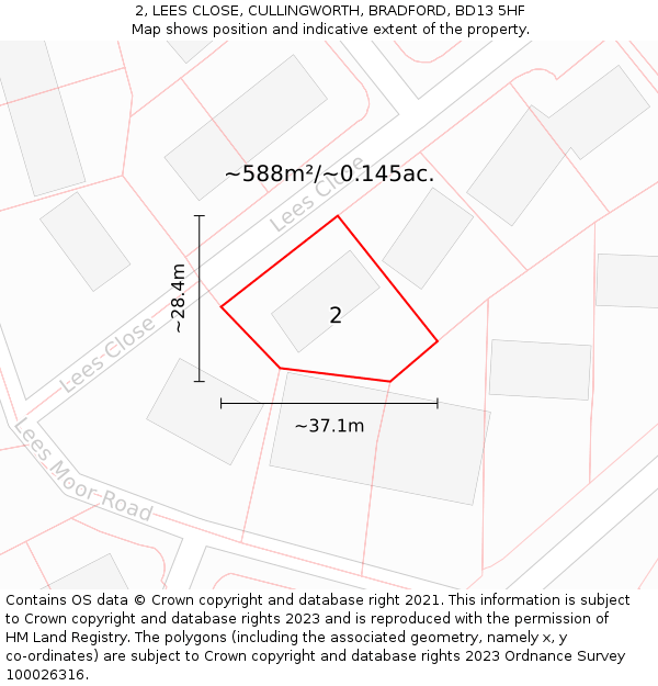 2, LEES CLOSE, CULLINGWORTH, BRADFORD, BD13 5HF: Plot and title map