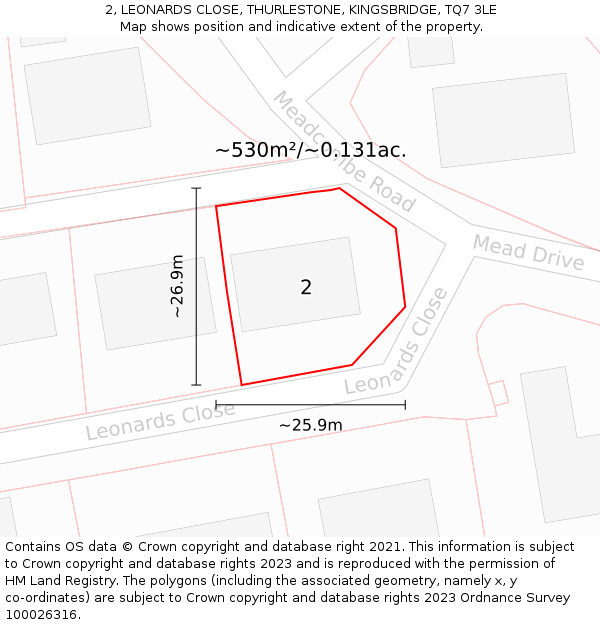 2, LEONARDS CLOSE, THURLESTONE, KINGSBRIDGE, TQ7 3LE: Plot and title map