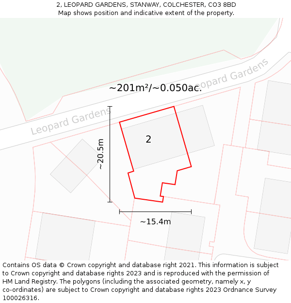 2, LEOPARD GARDENS, STANWAY, COLCHESTER, CO3 8BD: Plot and title map