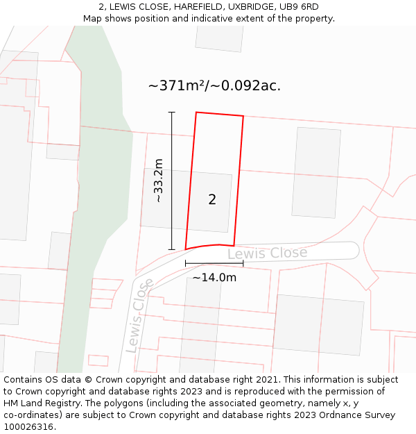 2, LEWIS CLOSE, HAREFIELD, UXBRIDGE, UB9 6RD: Plot and title map