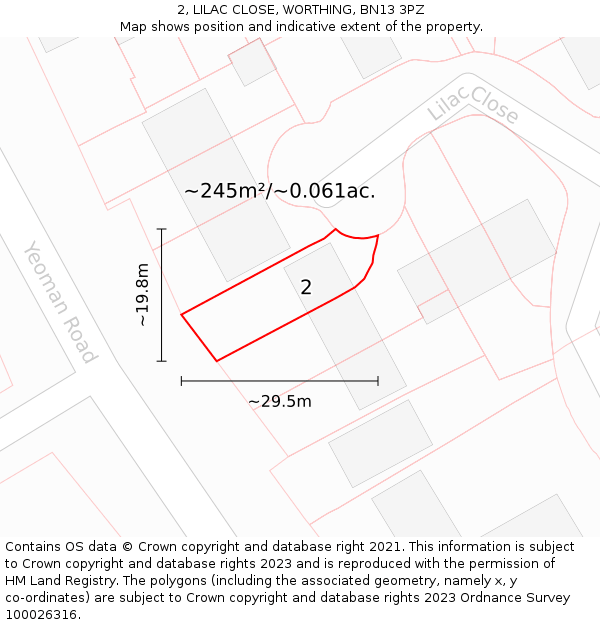 2, LILAC CLOSE, WORTHING, BN13 3PZ: Plot and title map