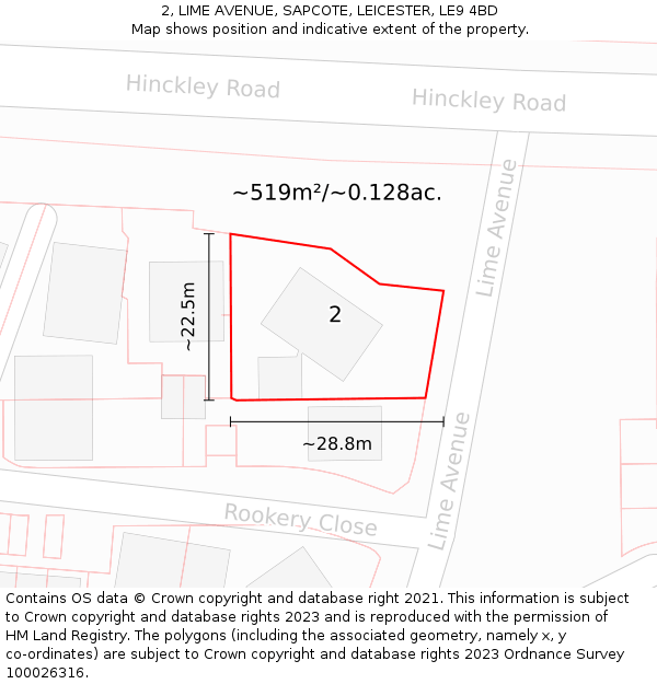 2, LIME AVENUE, SAPCOTE, LEICESTER, LE9 4BD: Plot and title map