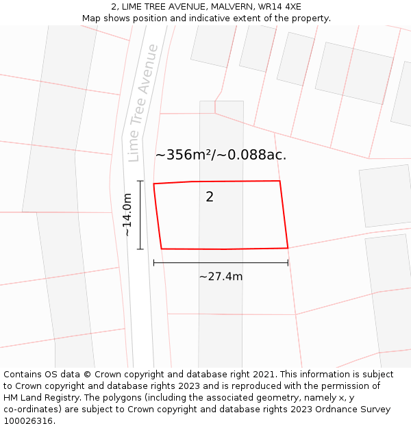 2, LIME TREE AVENUE, MALVERN, WR14 4XE: Plot and title map