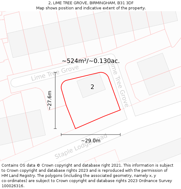 2, LIME TREE GROVE, BIRMINGHAM, B31 3DF: Plot and title map