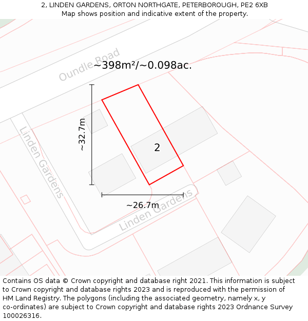 2, LINDEN GARDENS, ORTON NORTHGATE, PETERBOROUGH, PE2 6XB: Plot and title map