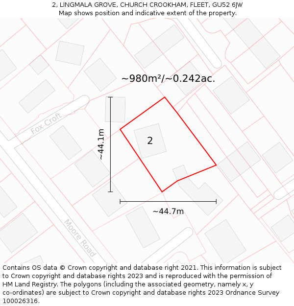 2, LINGMALA GROVE, CHURCH CROOKHAM, FLEET, GU52 6JW: Plot and title map