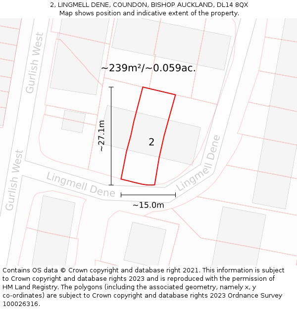 2, LINGMELL DENE, COUNDON, BISHOP AUCKLAND, DL14 8QX: Plot and title map