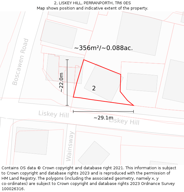 2, LISKEY HILL, PERRANPORTH, TR6 0ES: Plot and title map