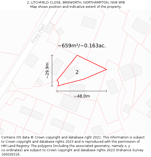 2, LITCHFIELD CLOSE, BRIXWORTH, NORTHAMPTON, NN6 9PB: Plot and title map