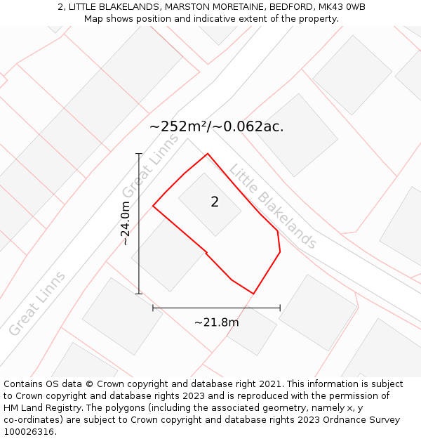 2, LITTLE BLAKELANDS, MARSTON MORETAINE, BEDFORD, MK43 0WB: Plot and title map