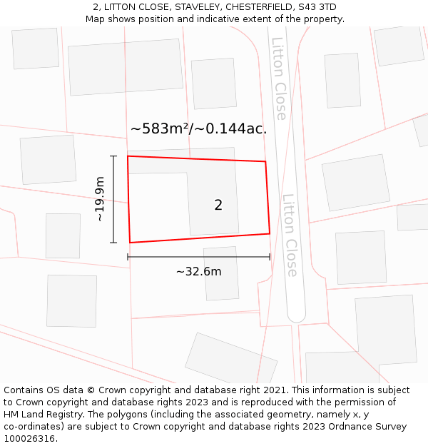 2, LITTON CLOSE, STAVELEY, CHESTERFIELD, S43 3TD: Plot and title map