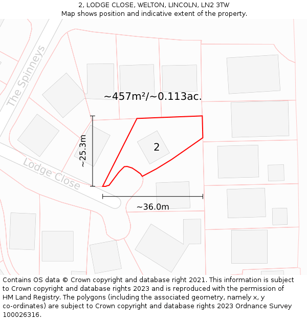 2, LODGE CLOSE, WELTON, LINCOLN, LN2 3TW: Plot and title map