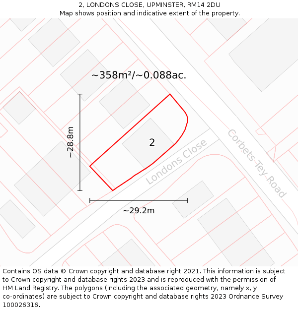 2, LONDONS CLOSE, UPMINSTER, RM14 2DU: Plot and title map