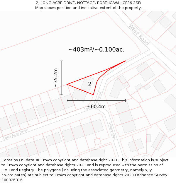 2, LONG ACRE DRIVE, NOTTAGE, PORTHCAWL, CF36 3SB: Plot and title map