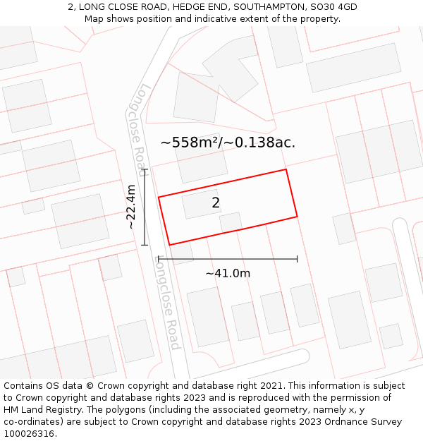 2, LONG CLOSE ROAD, HEDGE END, SOUTHAMPTON, SO30 4GD: Plot and title map