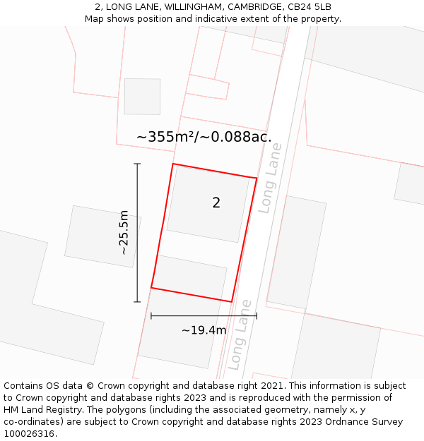 2, LONG LANE, WILLINGHAM, CAMBRIDGE, CB24 5LB: Plot and title map
