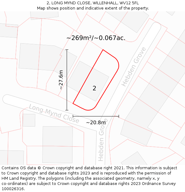 2, LONG MYND CLOSE, WILLENHALL, WV12 5FL: Plot and title map