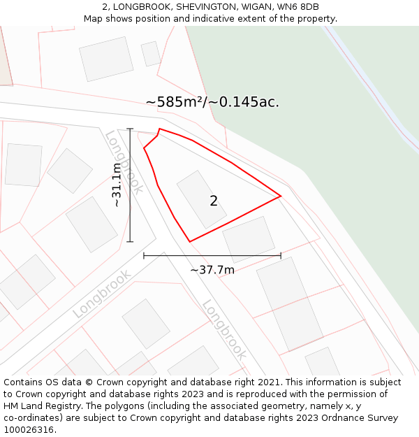 2, LONGBROOK, SHEVINGTON, WIGAN, WN6 8DB: Plot and title map