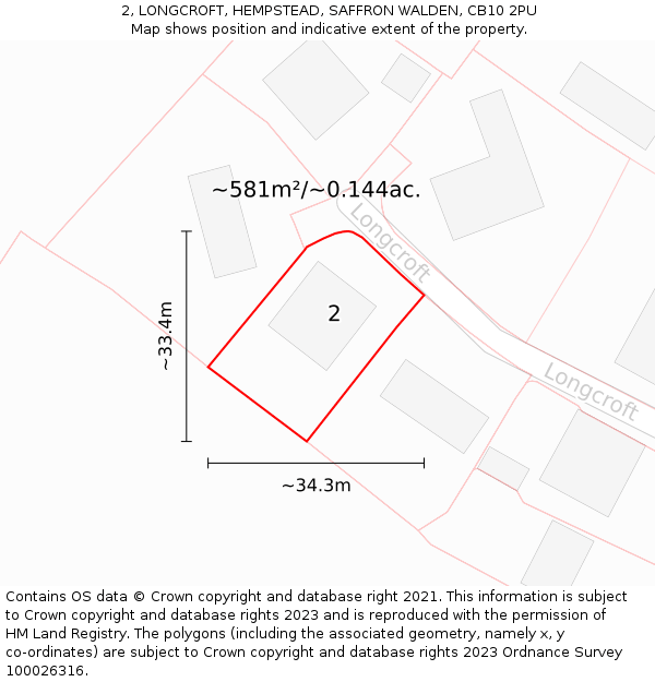 2, LONGCROFT, HEMPSTEAD, SAFFRON WALDEN, CB10 2PU: Plot and title map