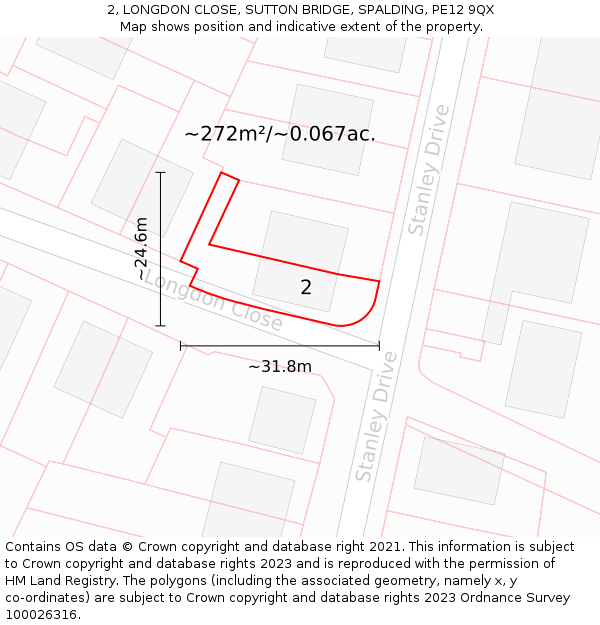 2, LONGDON CLOSE, SUTTON BRIDGE, SPALDING, PE12 9QX: Plot and title map