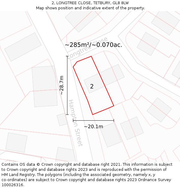 2, LONGTREE CLOSE, TETBURY, GL8 8LW: Plot and title map