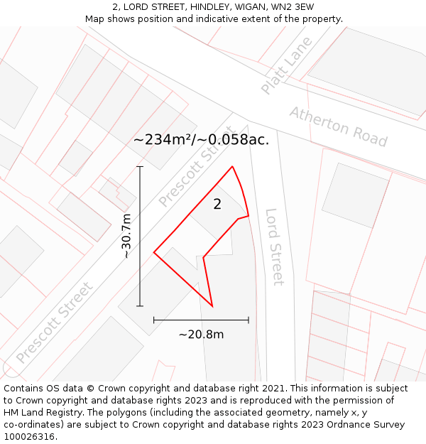 2, LORD STREET, HINDLEY, WIGAN, WN2 3EW: Plot and title map