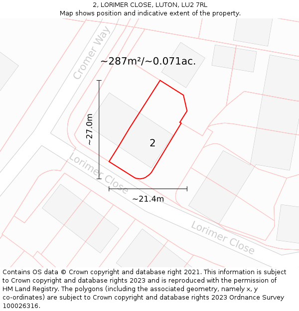 2, LORIMER CLOSE, LUTON, LU2 7RL: Plot and title map