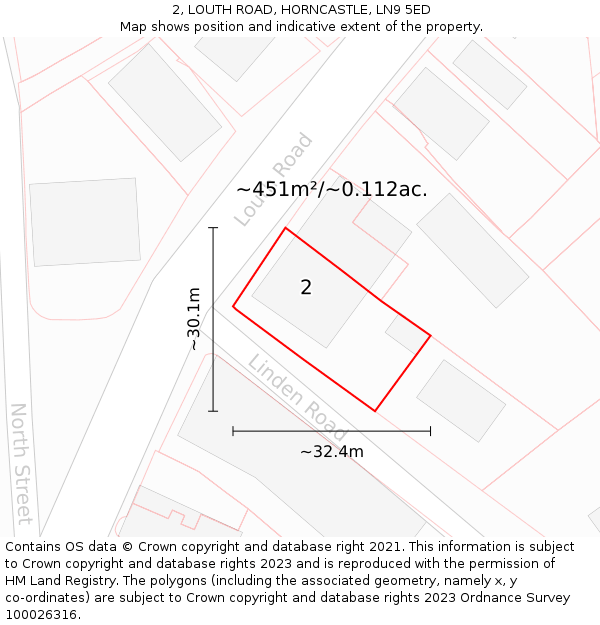 2, LOUTH ROAD, HORNCASTLE, LN9 5ED: Plot and title map