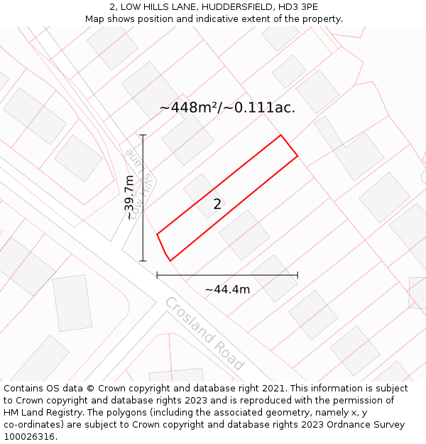 2, LOW HILLS LANE, HUDDERSFIELD, HD3 3PE: Plot and title map