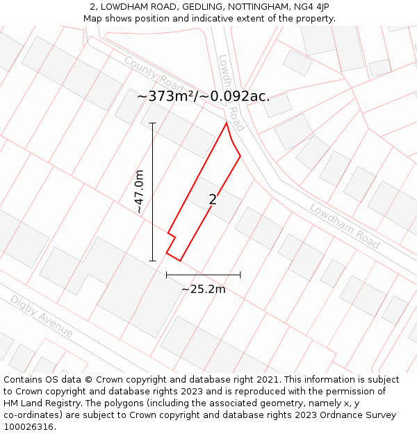 2, LOWDHAM ROAD, GEDLING, NOTTINGHAM, NG4 4JP: Plot and title map