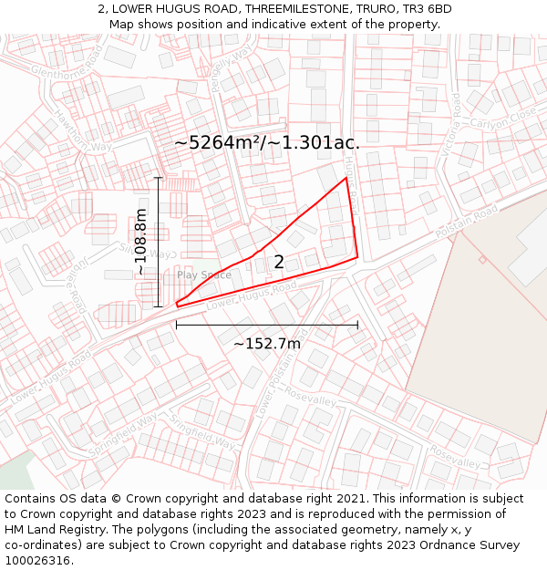 2, LOWER HUGUS ROAD, THREEMILESTONE, TRURO, TR3 6BD: Plot and title map