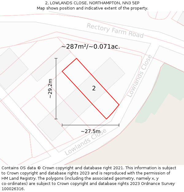 2, LOWLANDS CLOSE, NORTHAMPTON, NN3 5EP: Plot and title map