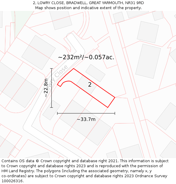 2, LOWRY CLOSE, BRADWELL, GREAT YARMOUTH, NR31 9RD: Plot and title map