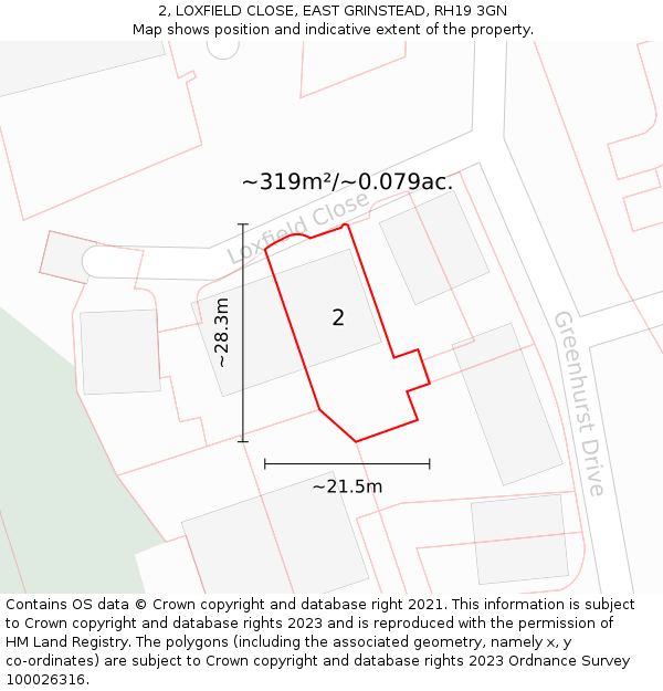 2, LOXFIELD CLOSE, EAST GRINSTEAD, RH19 3GN: Plot and title map