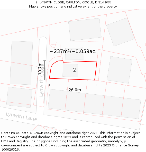 2, LYNWITH CLOSE, CARLTON, GOOLE, DN14 9RR: Plot and title map