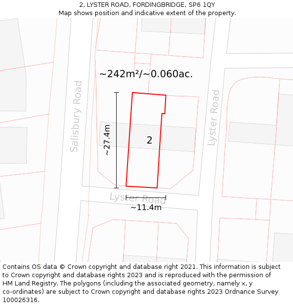 2, LYSTER ROAD, FORDINGBRIDGE, SP6 1QY: Plot and title map