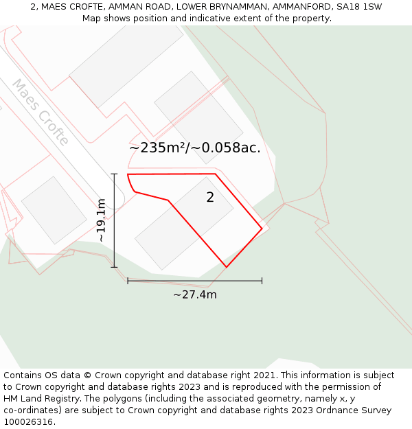 2, MAES CROFTE, AMMAN ROAD, LOWER BRYNAMMAN, AMMANFORD, SA18 1SW: Plot and title map