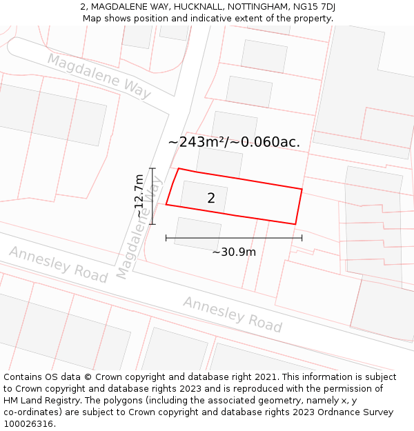2, MAGDALENE WAY, HUCKNALL, NOTTINGHAM, NG15 7DJ: Plot and title map