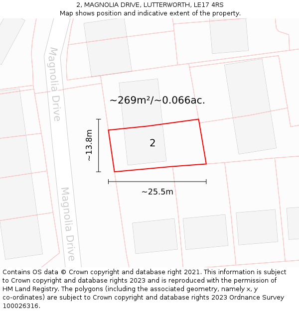 2, MAGNOLIA DRIVE, LUTTERWORTH, LE17 4RS: Plot and title map
