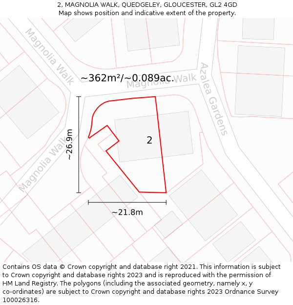 2, MAGNOLIA WALK, QUEDGELEY, GLOUCESTER, GL2 4GD: Plot and title map