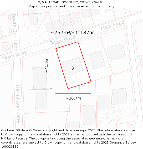 2, MAIN ROAD, GOOSTREY, CREWE, CW4 8LL: Plot and title map