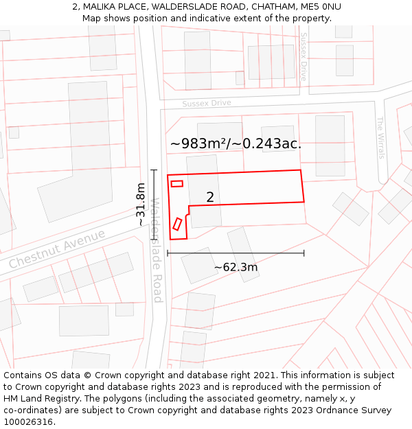 2, MALIKA PLACE, WALDERSLADE ROAD, CHATHAM, ME5 0NU: Plot and title map