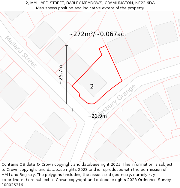 2, MALLARD STREET, BARLEY MEADOWS, CRAMLINGTON, NE23 6DA: Plot and title map